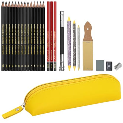 Heshengping, Sketching Pencil Drawing Pencils Set-26pcs, Art Supplies Drawing Kit,Graphite Charcoal Pro Draw Pencil Set,gift for Adults Beginners Artist for drawing sketching with Yellow Case - style: Yellow | 26 Pack