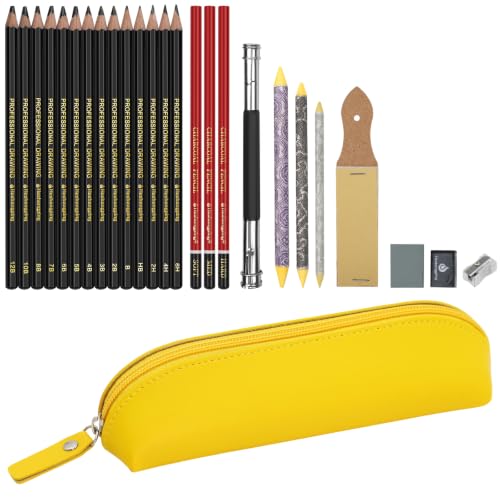 Heshengping, Sketching Pencil Drawing Pencils Set-26pcs, Art Supplies Drawing Kit,Graphite Charcoal Pro Draw Pencil Set,gift for Adults Beginners Artist for drawing sketching with Yellow Case - style: Yellow | 26 Pack
