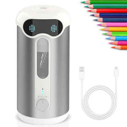 VUSIGN Automatic Pencil Sharpener, Quiet 60dB Robot Pencil Sharpener with DIY Face Stickers, Rechargeable, Auto Stop for 6.9–10.8mm No.2/Colored Pencils, Kids Classroom/Home Use (Silver)