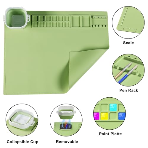 Creator Silicone Painting Mat, 20"x16" with Cup, Nonstick Sheet for Resin Jewelry Casting, Art, DIY, Drawing, Clay and Play Doh - color: Green