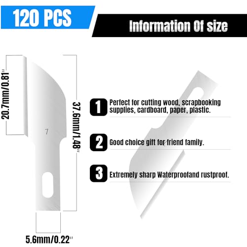 120 Pcs Exacto Knife Blades, #7 High Carbon Steel Hobby Knife Blade Refills Hobby Knife Replacement Blades for Craft, Scrapbooking, Stencil - size: #7