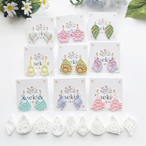 Xaekicr 9 Pcs Boho Polymer Clay Cutters with Hole - Lotus, Leaf & Mandala Shape Jewelry Making Tools for Earrings & Pendants, Soft Clay Molds - color: 2C color