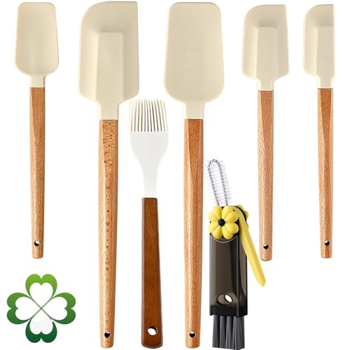 7 Piece Silicone Spatula Set, Food Grade Rubber Spatula Set with Wooden Handle, Heat Resistant Up to 600°F, Silicone Utensils Set for Baking, Cooking & Mixing, Jar, Non-Stick Kitchen Utensils - color: White