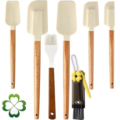 7 Piece Silicone Spatula Set, Food Grade Rubber Spatula Set with Wooden Handle, Heat Resistant Up to 600°F, Silicone Utensils Set for Baking, Cooking & Mixing, Jar, Non-Stick Kitchen Utensils - color: White