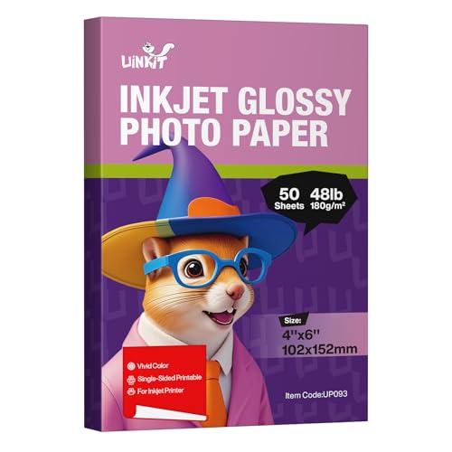 Uinkit Bright White Single Sided Glossy Photo Paper - 4x6 Inch 180gsm (48lb), 50 Sheets Instant Dry Dye Inkjet Paper, Scratch Resistant Professional Photo Printing for Home DIY Memories - size: 4x6x50, style: White Glossy