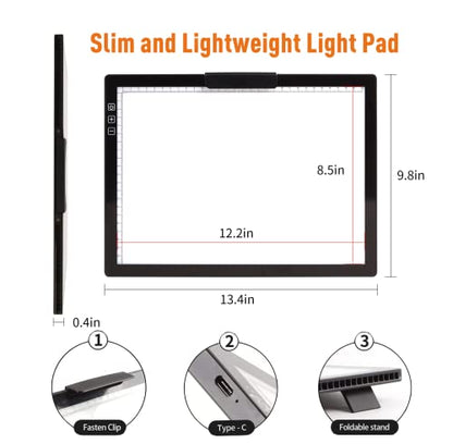YINGWOND Rechargeable A4 LED Light Pad with Padded Case, Tracing Light Box w/Riser Stands and Paper Clip, 6 Levels of Brightness, Type-c Cable, Wireless Diamond Painting Light Board - style: Rechargeable-A4 Black+Padded case