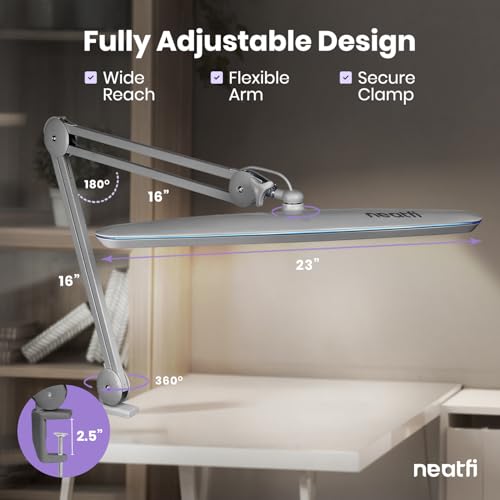 Neatfi XL 2,200 Lumens 20W LED Task Lamp – 23” Ultra-Wide Head | 182 SMD LEDs | 4 Brightness Levels | 3 Light Modes | Eye-Caring, Glare-Free | Adjustable Arm (Silver, CCT with Clamp) - color: Silver
