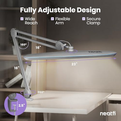 Neatfi XL 2,200 Lumens 20W LED Task Lamp – 23” Ultra-Wide Head | 182 SMD LEDs | 4 Brightness Levels | 3 Light Modes | Eye-Caring, Glare-Free | Adjustable Arm (Silver, CCT with Clamp) - color: Silver