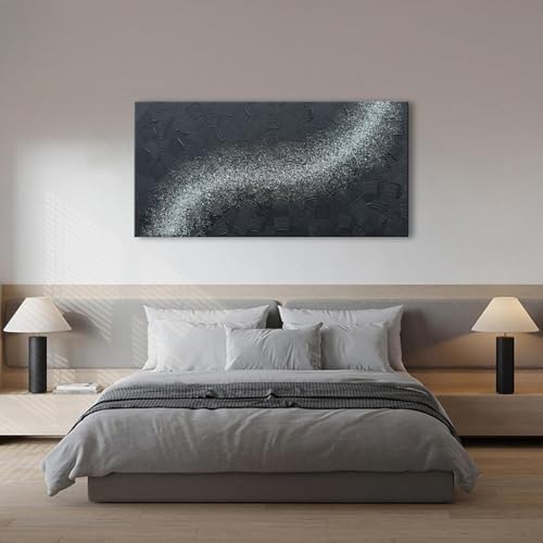 zoinart Handmade Large Glittery Crystal Canvas Wall Art, 24x48 Inches Black Abstract Modern Oil Paintings, Textured Contemporary Wall Art Ready to Hang - color: BL-062
