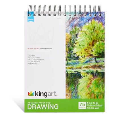 KINGART Drawing Paper Pad – 8x10 Inch, 1-Pack – 75 Sheets (70 lb / 110 GSM), Textured Acid-Free Paper – Top Spiral-Bound Sketchbook for Dry Media