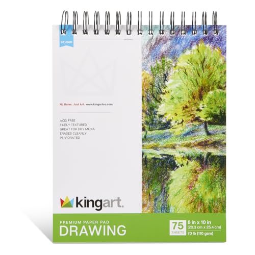KINGART Drawing Paper Pad – 8x10 Inch, 1-Pack – 75 Sheets (70 lb / 110 GSM), Textured Acid-Free Paper – Top Spiral-Bound Sketchbook for Dry Media