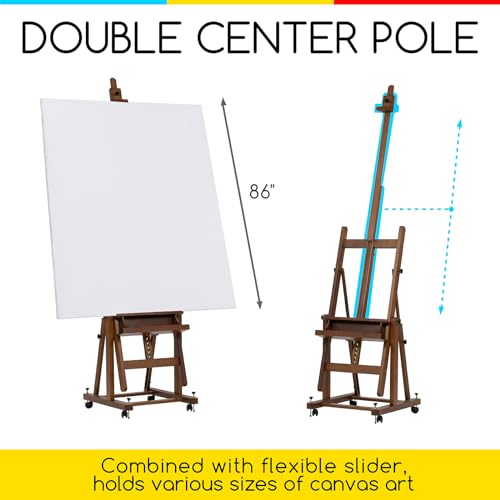 MEEDEN Enlarged Heavy-Duty H-Frame Easel: Artist Solid Beech Wooden Studio Easel - Professional Painting Art Easel Stand with 4 Lockable Wheels & Leveling Bolts - Hold Canvas up to 86" H,Walnut - color: Walnut, size: X-Large