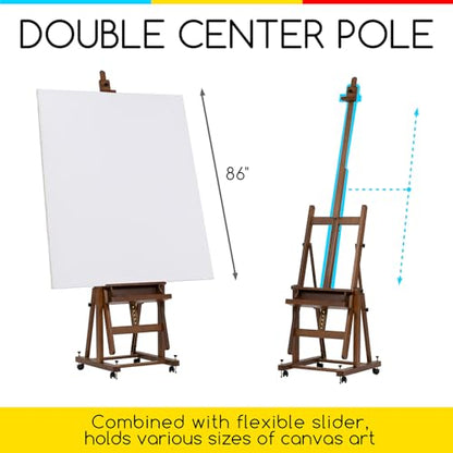 MEEDEN Enlarged Heavy-Duty H-Frame Easel: Artist Solid Beech Wooden Studio Easel - Professional Painting Art Easel Stand with 4 Lockable Wheels & Leveling Bolts - Hold Canvas up to 86" H,Walnut - color: Walnut, size: X-Large