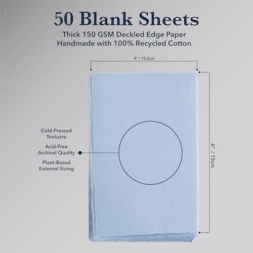 Wanderings 50 Pack Blue A6 Handmade Deckled Edge Cotton Paper - 4" x 6" - Cold Pressed Texture - Paint, Watercolor, Writing, Printer - Cards, Wedding Invitations, Menus, Arts and Crafts. 150 GSM - color: Blue, size: A6 10.5x15 cm