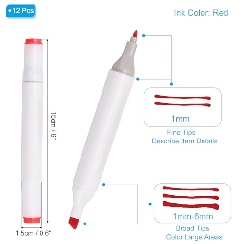 PATIKIL Dual Tip Alcohol Art Markers, 12 Pcs White Barrel Alcohol Markers with Brush Tip and Fine Tip for Illustration Artist Adult Coloring Drawing Permanent Sketching, Red - color: Red