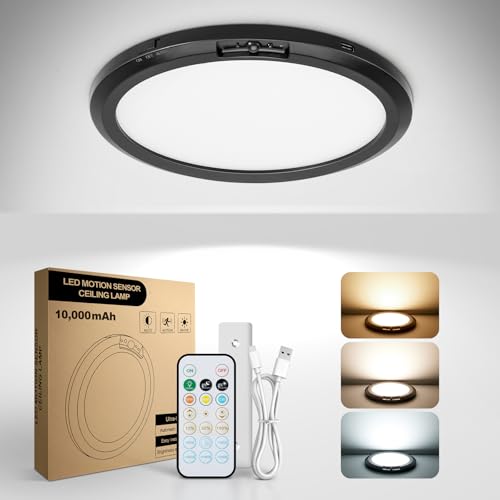 10000mAh Rechargeable Ceiling Light Black Waterproof Shower Lights | Wireless Motion Sensor Light Indoor 3000K/4000K/6000K Dimmable, Magnetic LED Lights with Remote No Wiring for Closet Bathroom - color: Black, size: 10000mAh