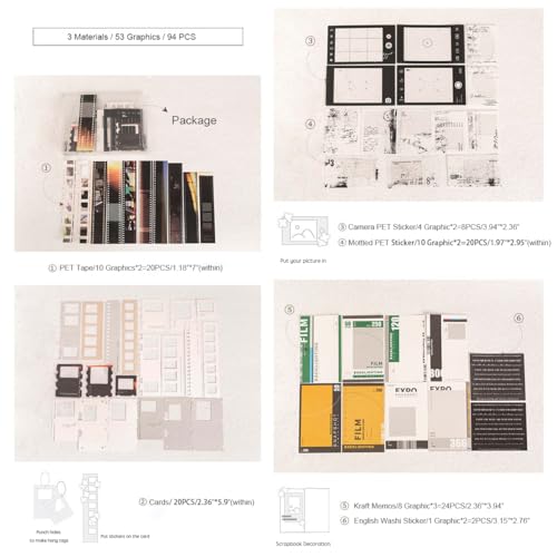 Doraking 94PCS Film Scrapbook Paper Packs for Journaling Supplies Planners | Washi Stickers Material Papers Memos Cards Waterproof Tape Stickers for Journals Aesthetic DIY Art Crafts Collage Album