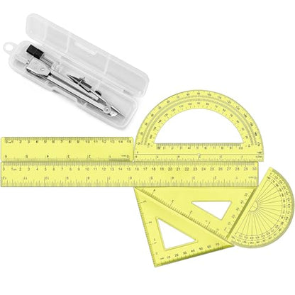 Zonon 7‑Piece Geometry Set with Drawing Compass, 6 & 4 Inch Protractors, Triangle Rulers and Straight Rulers, Transparent Math Drafting Supplies for Back to School, Students and Office Use(Yellow) - color: Yellow