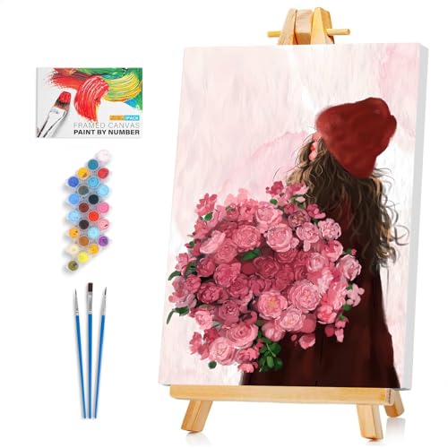 Framed Paint by Numbers Kit for Adults Beginner & Kids Ages 8-12, Girl Flowers Paint by Numbers with frame, without Easel, DIY Acrylic Number Painting for Adults for Home Decor Gift 8 x 12 Inch - color: XM-OP-F-FlowerGirl-2030