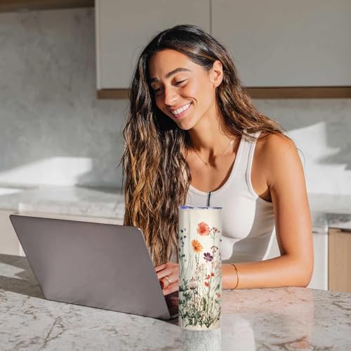 Firmiso 20 oz Tumbler | Skinny Insulated Travel Mug with Leak-proof Lid and Telescopic Straw | Wildflower Floral Stainless Steel Coffee Cup for Hot & Cold Drinks | Christmas Gifts for Women - color: Wildflower