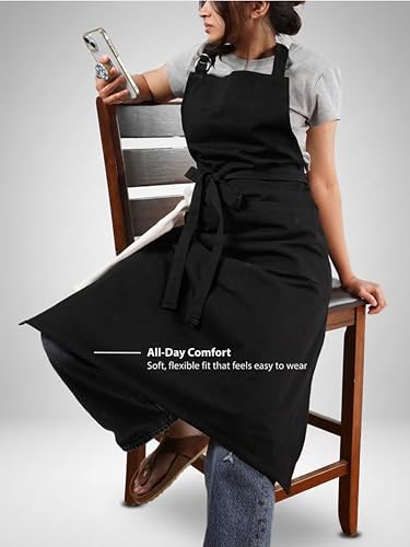 100% Cotton Kitchen Apron with 2 Pockets – Adjustable Chef Apron for Cooking Baking BBQ – Unisex Apron - color: Jet Black
