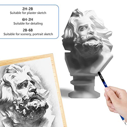 H & B 12 PCS Pencil Drawing Kit, H-4H, F, HB, B-6B Graphite and Charcoal Sketch Pencil Set for Beginners, Professional Artists - size: 12 Count (Pack of 1)