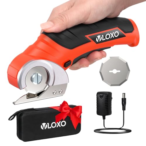 VLOXO Electric Scissors Cordless Cardboard Cutter Power Box Cutter | Safety Lock, Adapter Charging, Tungsten Blade Rechargeable Mini Scissors for Plastic Leather Canvas with Storage Box Orange - color: Orange