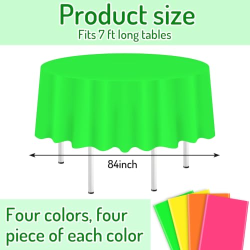 Whaline 16Pcs Neon Color Plastic Tablecloth 4 Fluorescent Colors Round Table Cover Waterproof Table Cloth for Party Decoration Supplies, 84 Inch - color: Neon Color