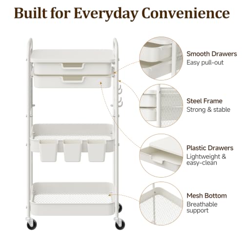 3 Tier Rolling Cart with 2 Drawers, Metal Utility Storage Carts with Wheels | Kitchen Rolling Cart 4.5" Deep Basket, Mesh Side Panel with 3 Cups, 4 Hooks for Office, Bedside, Craft Storage Cart - color: White