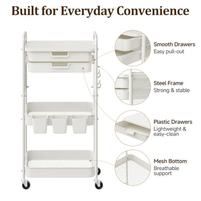 3 Tier Rolling Cart with 2 Drawers, Metal Utility Storage Carts with Wheels | Kitchen Rolling Cart 4.5" Deep Basket, Mesh Side Panel with 3 Cups, 4 Hooks for Office, Bedside, Craft Storage Cart - color: White
