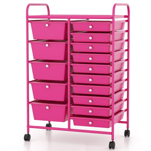 COSTWAY 15 Drawer Rolling Storage Cart, Mobile Storage Organizer | Removable Drawers & Metal Frame, Multipurpose Utility Tools Paper Organizer on Wheels for Home, Office (Hot Pink) - color: Hot Pink, size: 15 Drawer