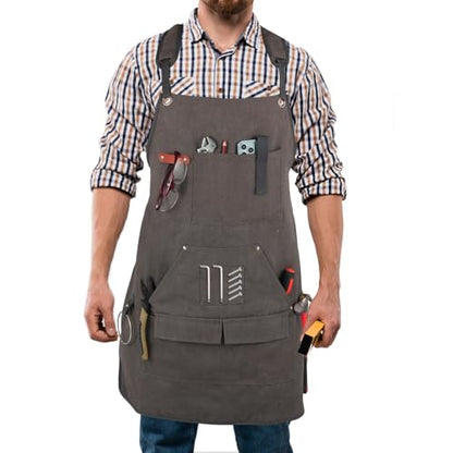 Men's Canvas Tool Apron, Heavy Duty Multi-Pocket Work Apron for Woodworking Gardening Bartender Adjustable Straps - color: Grey