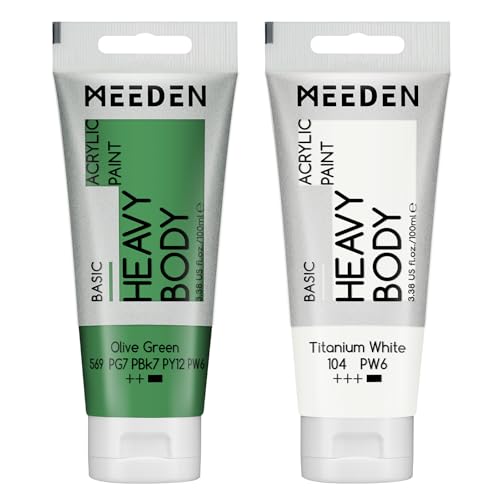 MEEDEN Acrylic Paint Olive Green: 100ml/3.38oz x 2 with Titanium White | Heavy Body Artist Acrylic Paint Set for Canvas, Wood & Craft, Non-toxic Creamy Art Paint with Titanium White for Mixing - color: Olive Green, size: 2 Tubes