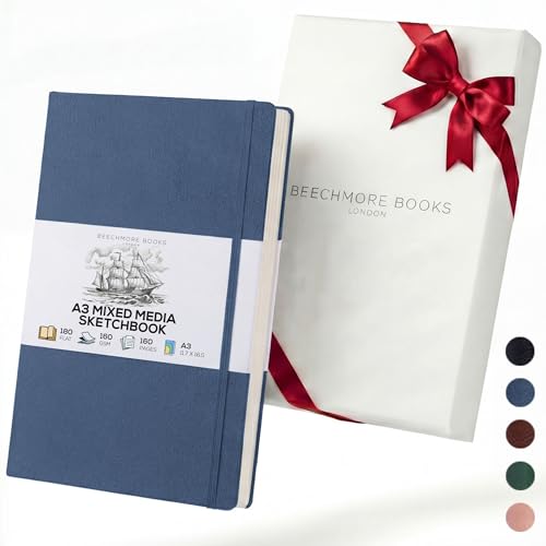 Beechmore Books A3 11.7x16.5 Mixed Media Sketchbook 160 GSM/98lb, Gift Box | Hardcover Drawing Pad with Lay-Flat Binding, Extra Large Perforated Ivory Paper for Studio Drawing & Watercolor Work - color: Symphony Blue, size: A3 - 11.7" x 16.5" Extra Large