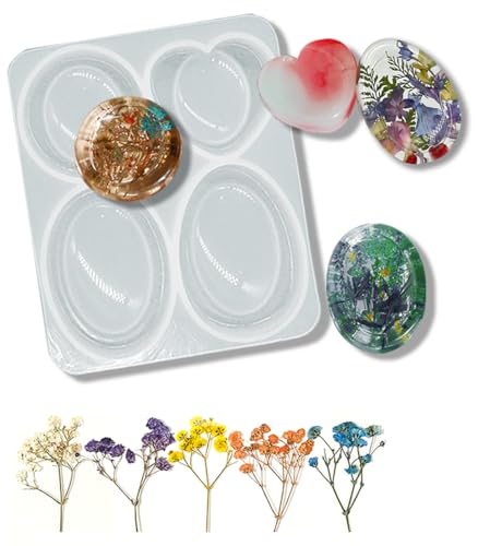 4-Design Worry Stone Mold w/DriedFlowers Resin Yoga StressRelief | 4-design thumb worry stone mold with dried flowers – epoxy resin casting, yoga meditation, stress relief & DIY crafts.