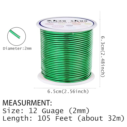 12 Gauge(2mm) Aluminum Wire 35 Yards Anodized Metal Wire for Bonsai Armature Crafting Sculpting Jewelry Craft Making Beading Floral (Green, 12 Gauge) - color: Green