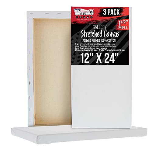 U.S. Art Supply 12"x24" Stretched Canvas for Painting, Gallery Depth 3-Pack - size: 12" x 24"