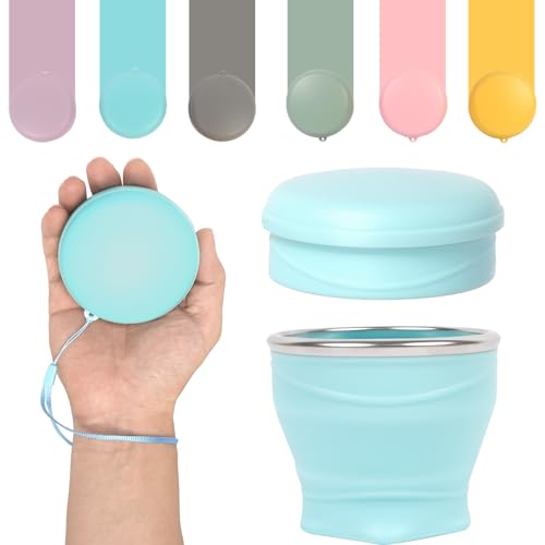 Collapsible Cup with Lid - 6oz Mini Silicone Folding Travel Cup with Steel Rim - BPA Free Small Portable Pocket Cup for Camping, Hiking, Kids, Mouthwash & Pills (Gulf Blue) - color: Bay Blue