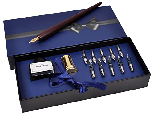 Plotube Calligraphy Pen Set, 11 Nibs, Black Ink, Pen Stand | Wooden dip pen for writing, 11 calligraphy pens nibs, 1 bottle of black ink, golden pen stand, beginners' manual - color: Black