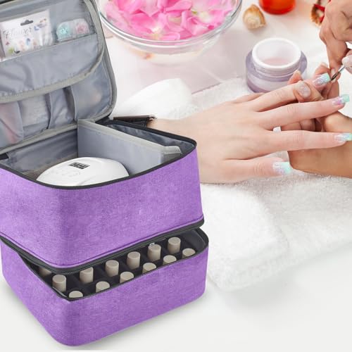 Buruis 2 Layer Nail Polish Bag, Nail Supplies Organizer, Purple | Dual Zippers, Adjustable Divider, Nail Dryer Storage, Fits 25 Bottles (15ML), Nail Tools Bag, Portable Manicure Case - color: Purple