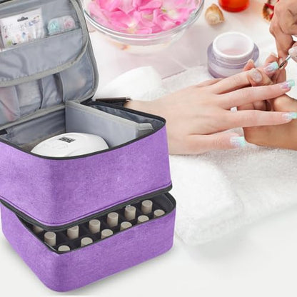Buruis 2 Layer Nail Polish Bag, Nail Supplies Organizer, Purple | Dual Zippers, Adjustable Divider, Nail Dryer Storage, Fits 25 Bottles (15ML), Nail Tools Bag, Portable Manicure Case - color: Purple