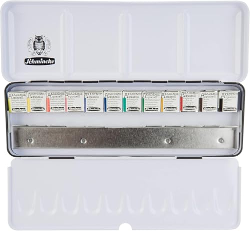 Schmincke - AKADEMIE®AQUARELL watercolor box, basic assortment 12 x 1/2 pans + space for additional 12 pans, 75 412 097, metal box, fine artists' watercolors - size: 12 x 1/2 pans