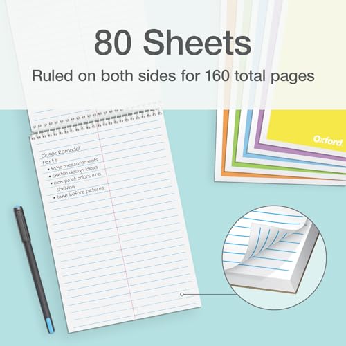 Oxford Steno Spiral Notebooks, Top Bound Steno Pads, 6x9 Inches, Gregg Ruled for Lists, White Paper, Asst. Pastel Covers, 80 Sheets, 6 Pack (1007112)