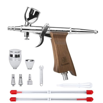 Bucasso Airbrush Kit, Air Brush Spray Gun with 0.3mm/0.5mm/0.8mm Needles/Nozzle Sets, 3cc/7cc/11cc Replaceable Fluid Cup for Painting Model Nails Cake Tattoo Makeup - color: W002-Walnut