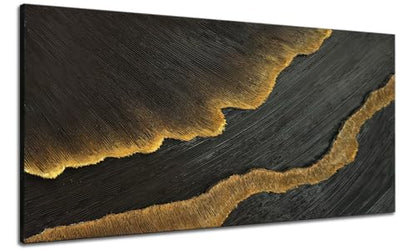 zoinart 100% Hand-Painted 3D Black and Gold Textured Wall Art, Abstract Modern Waves Oil Paintings on Canvas Wall Decor - color: BL-073