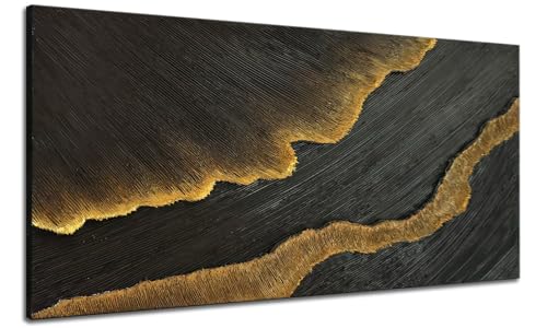 zoinart 100% Hand-Painted 3D Black and Gold Textured Wall Art, Abstract Modern Waves Oil Paintings on Canvas Wall Decor - color: BL-073