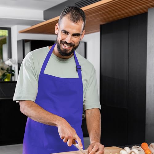 Adjustable Bib Apron 100% Polyester Kitchen Aprons Waterdrop Resistant Aprons with Adjustable Strap, Pockets & Long Ties - color: Royal Blue, style: Pack of 2