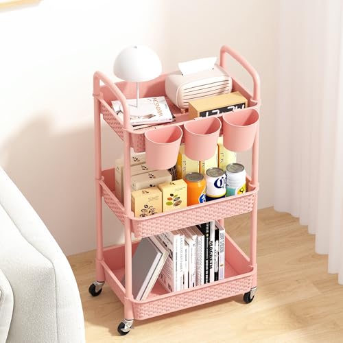 MOYIPIN 3-Tier Plastic Rolling Utility Cart with Handle,Pink | Utility Storage Cart for Office, Living Room, Kitchen,Movable Storage Organizer，Easy installation，Rattan-like art design - color: Pink, size: 3-Tiers with cups