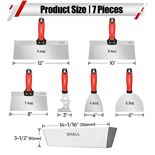 SHALL Drywall Tool Kit, 7 Pcs Stainless Steel Set Includes Putty Knife, Taping Knife, Painter Scraper Tool & 12" Mud Pan for Joint Taping, Finishing, Patching