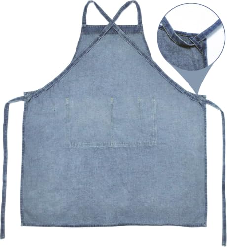 Cross Back Denim Apron with Large Pockets for Men and Women Soft and Unisex - color: Style a - Deep Blue